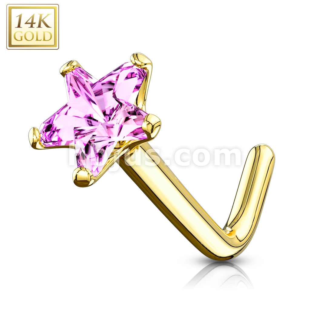 14KT  Gold 14Kt. Gold L Bend Nose Ring with Prong Set Star CZ - Image 6