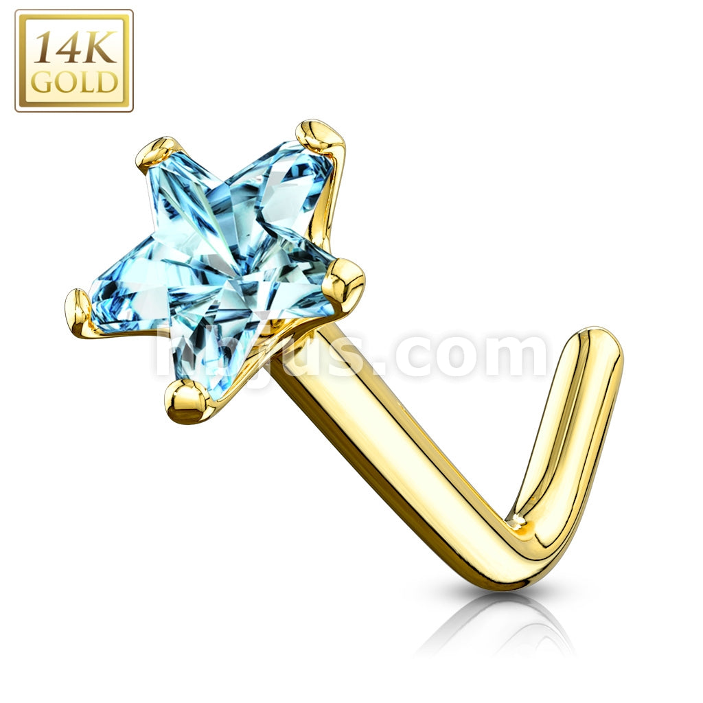 14KT  Gold 14Kt. Gold L Bend Nose Ring with Prong Set Star CZ - Image 7