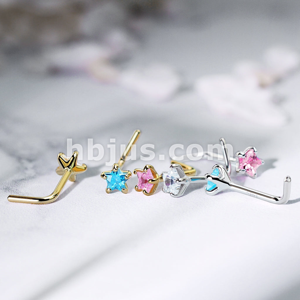 14KT  Gold 14Kt. Gold L Bend Nose Ring with Prong Set Star CZ - Image 8