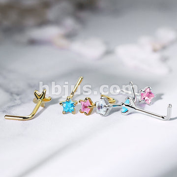 14KT  Gold 14Kt. Gold L Bend Nose Ring with Prong Set Star CZ - Image 8