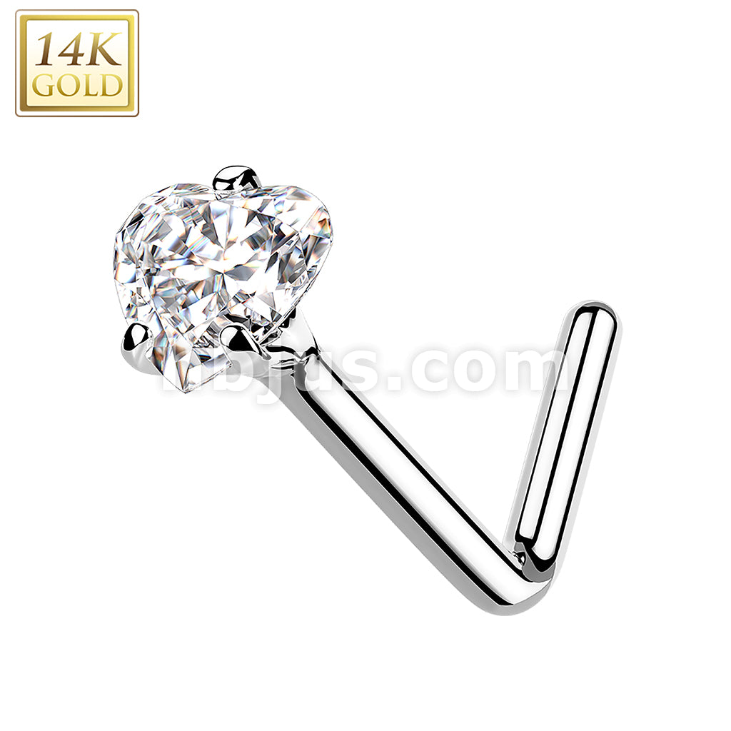 14KT  Gold 14Kt. Gold L Bend Nose Ring with Prong Set Heart CZ - Image 2