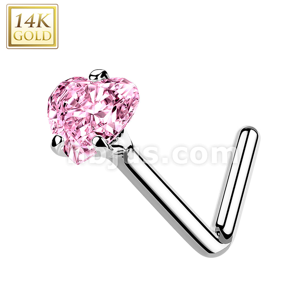 14KT  Gold 14Kt. Gold L Bend Nose Ring with Prong Set Heart CZ - Image 3