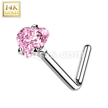 14KT  Gold 14Kt. Gold L Bend Nose Ring with Prong Set Heart CZ - Image 3