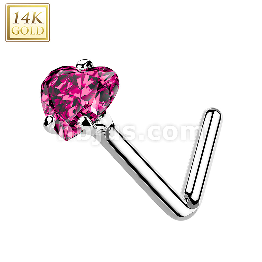 14KT  Gold 14Kt. Gold L Bend Nose Ring with Prong Set Heart CZ - Image 4