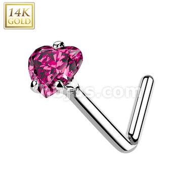 14KT  Gold 14Kt. Gold L Bend Nose Ring with Prong Set Heart CZ - Image 4