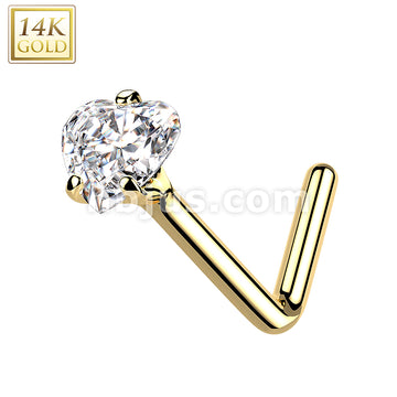14KT  Gold 14Kt. Gold L Bend Nose Ring with Prong Set Heart CZ - Image 5
