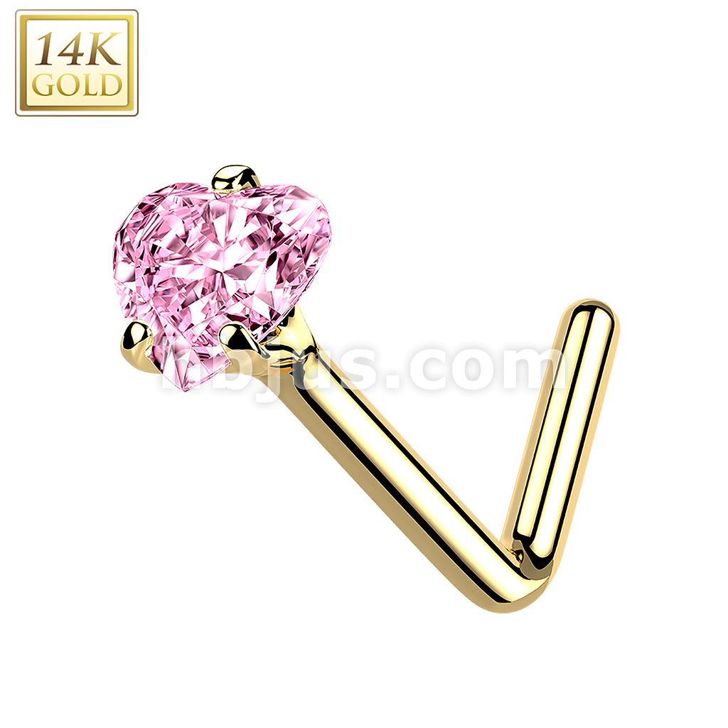 14KT  Gold 14Kt. Gold L Bend Nose Ring with Prong Set Heart CZ - Image 6