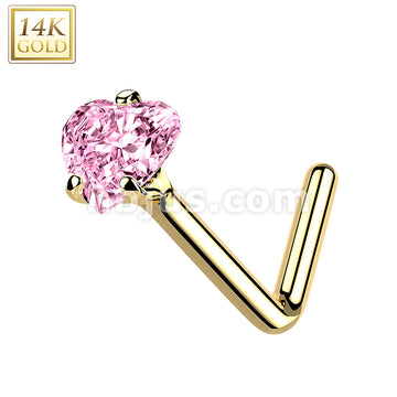 14KT  Gold 14Kt. Gold L Bend Nose Ring with Prong Set Heart CZ - Image 6