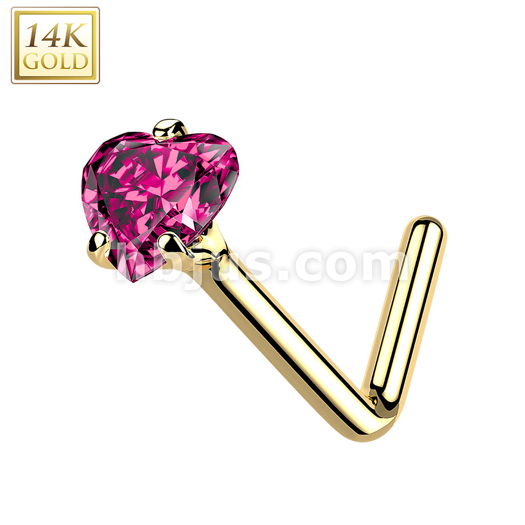 14KT  Gold 14Kt. Gold L Bend Nose Ring with Prong Set Heart CZ - Image 7