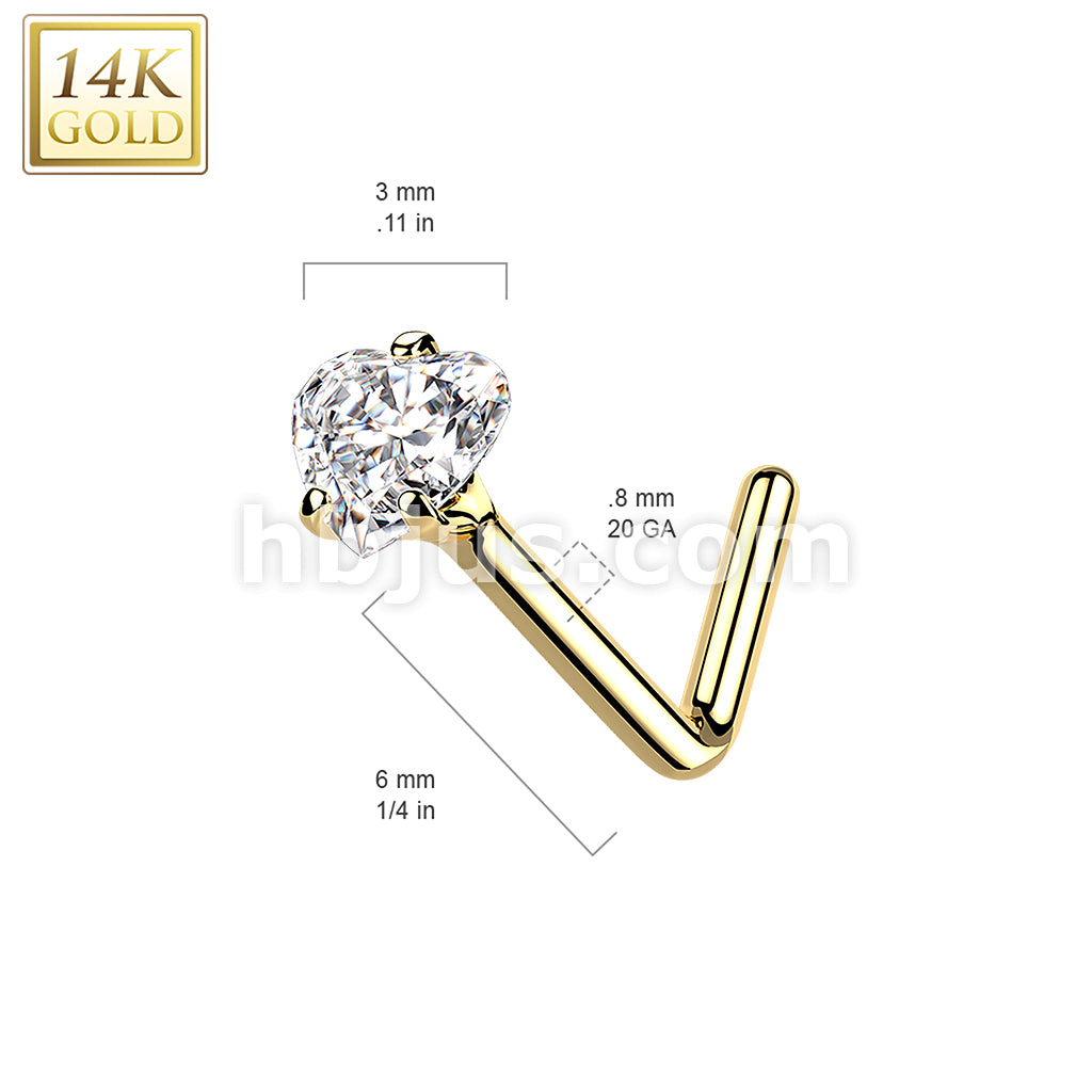 14KT  Gold 14Kt. Gold L Bend Nose Ring with Prong Set Heart CZ - Image 8