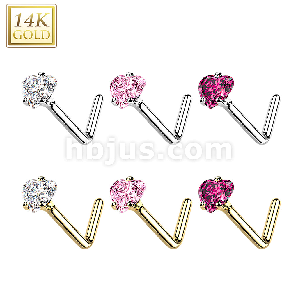 14KT  Gold 14Kt. Gold L Bend Nose Ring with Prong Set Heart CZ - Image 9