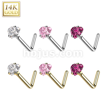 14KT  Gold 14Kt. Gold L Bend Nose Ring with Prong Set Heart CZ - Image 9