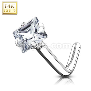 14KT  Gold 14Kt. Gold L Bend Nose Ring with Prong Set Square CZ - Image 2