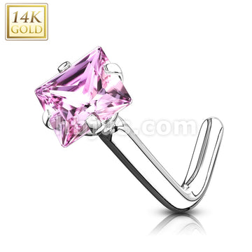 14KT  Gold 14Kt. Gold L Bend Nose Ring with Prong Set Square CZ - Image 3