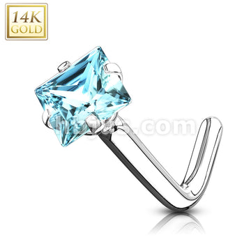 14KT  Gold 14Kt. Gold L Bend Nose Ring with Prong Set Square CZ - Image 4