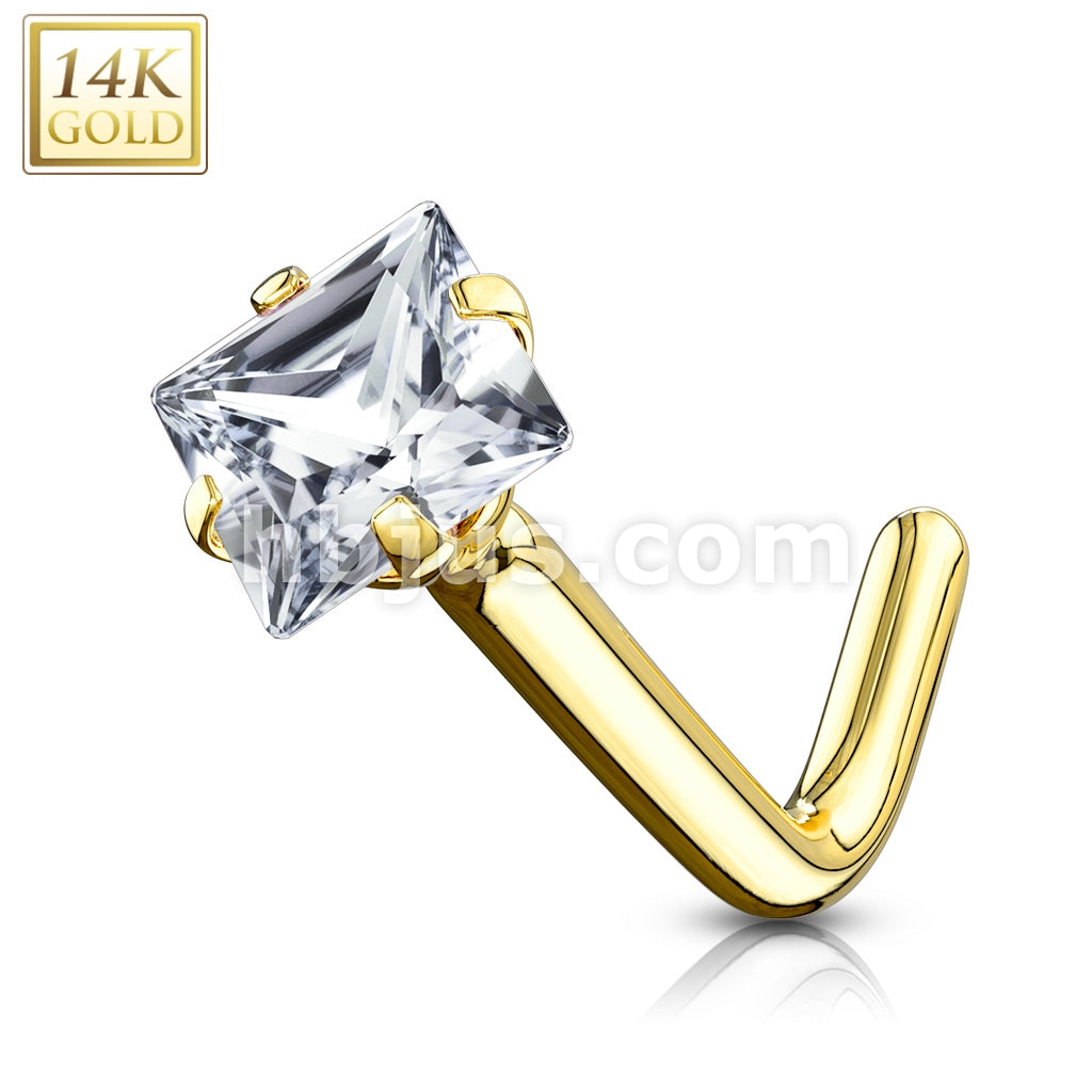 14KT  Gold 14Kt. Gold L Bend Nose Ring with Prong Set Square CZ - Image 5