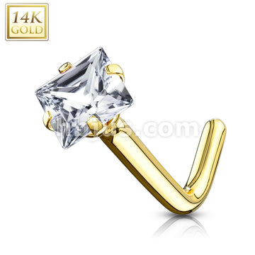 14KT  Gold 14Kt. Gold L Bend Nose Ring with Prong Set Square CZ - Image 5