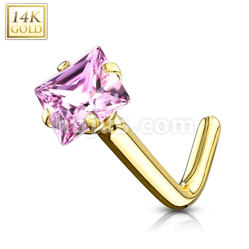 14KT  Gold 14Kt. Gold L Bend Nose Ring with Prong Set Square CZ - Image 6