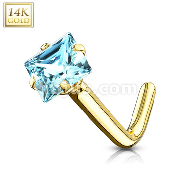 14KT  Gold 14Kt. Gold L Bend Nose Ring with Prong Set Square CZ - Image 7