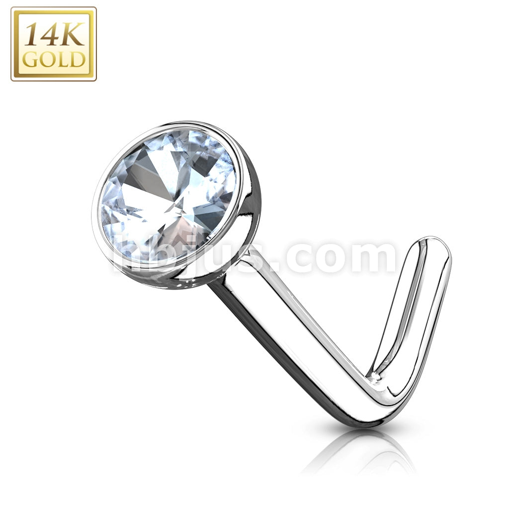 14KT  Gold 14Kt. Gold L Bend Nose Ring with Bezel Set CZ Ball - Image 2