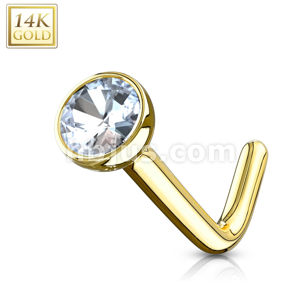 14KT  Gold 14Kt. Gold L Bend Nose Ring with Bezel Set CZ Ball - Image 3