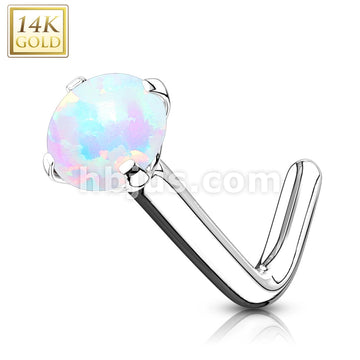 14KT  Gold 14Kt. Gold L Bend Nose Ring with Prong Set Opal - Image 2