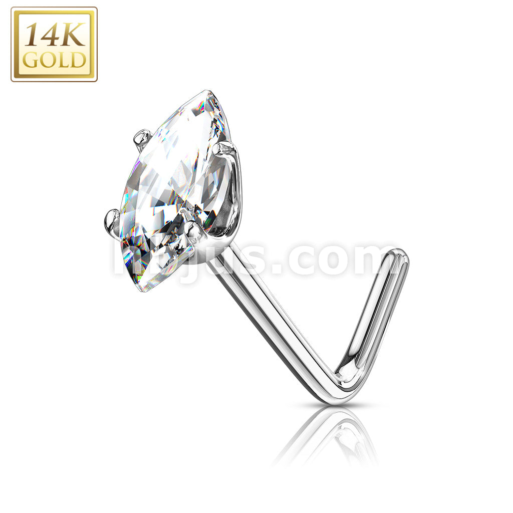 14KT  Gold 14 Kt. Gold L Bend Nose Stud Rings with Prong Set Marquise CZ - Image 3