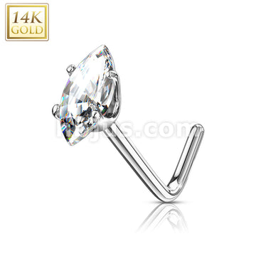 14KT  Gold 14 Kt. Gold L Bend Nose Stud Rings with Prong Set Marquise CZ - Image 3