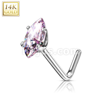 14KT  Gold 14 Kt. Gold L Bend Nose Stud Rings with Prong Set Marquise CZ - Image 4