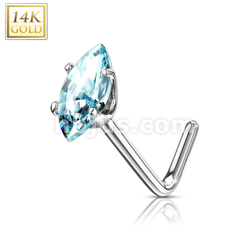 14KT  Gold 14 Kt. Gold L Bend Nose Stud Rings with Prong Set Marquise CZ - Image 5