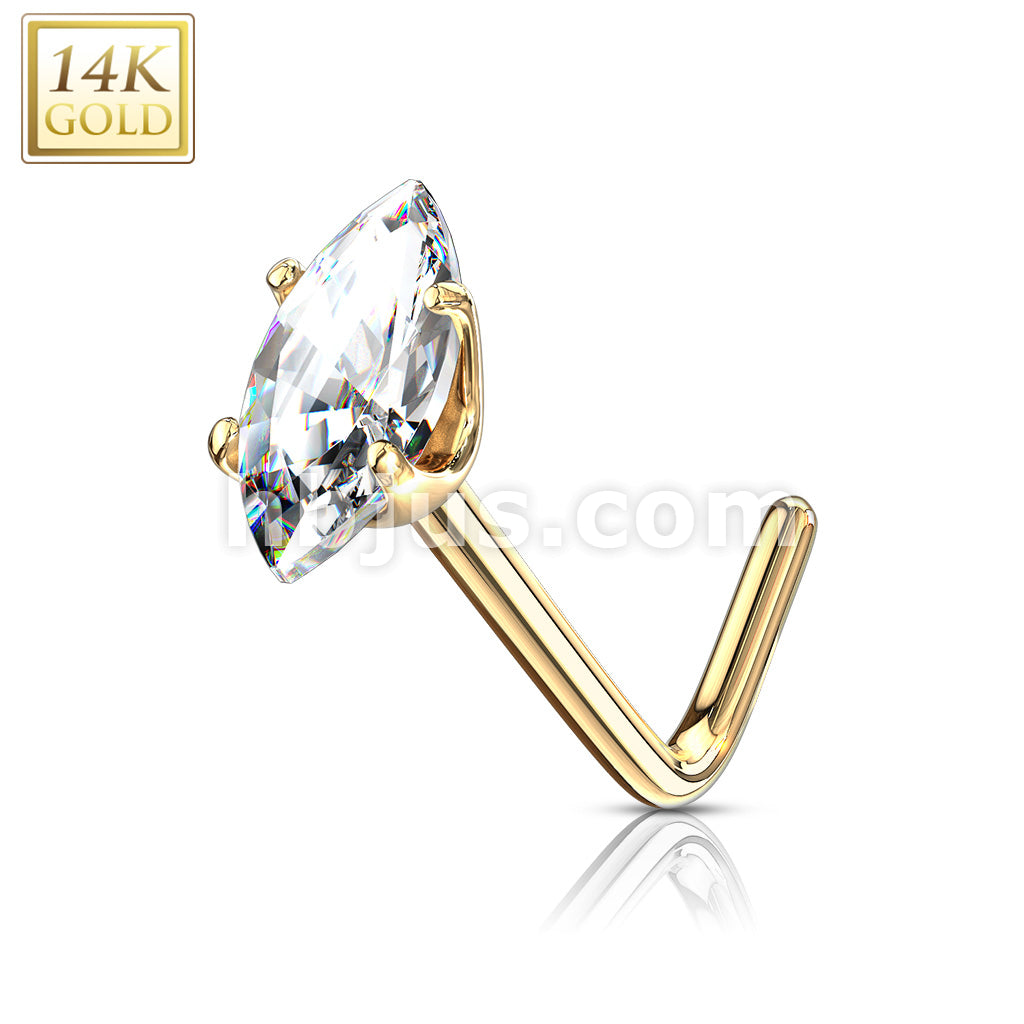 14KT  Gold 14 Kt. Gold L Bend Nose Stud Rings with Prong Set Marquise CZ - Image 6