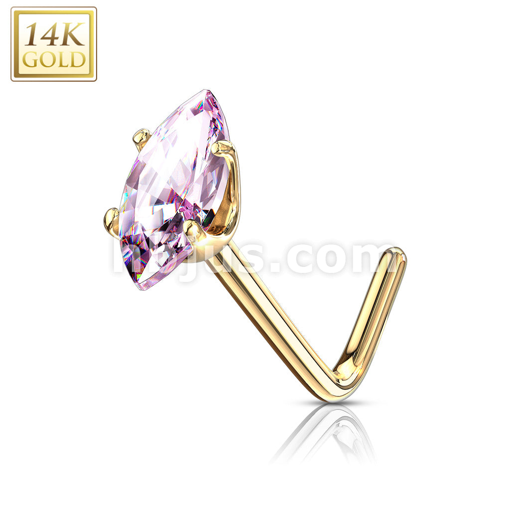 14KT  Gold 14 Kt. Gold L Bend Nose Stud Rings with Prong Set Marquise CZ - Image 7