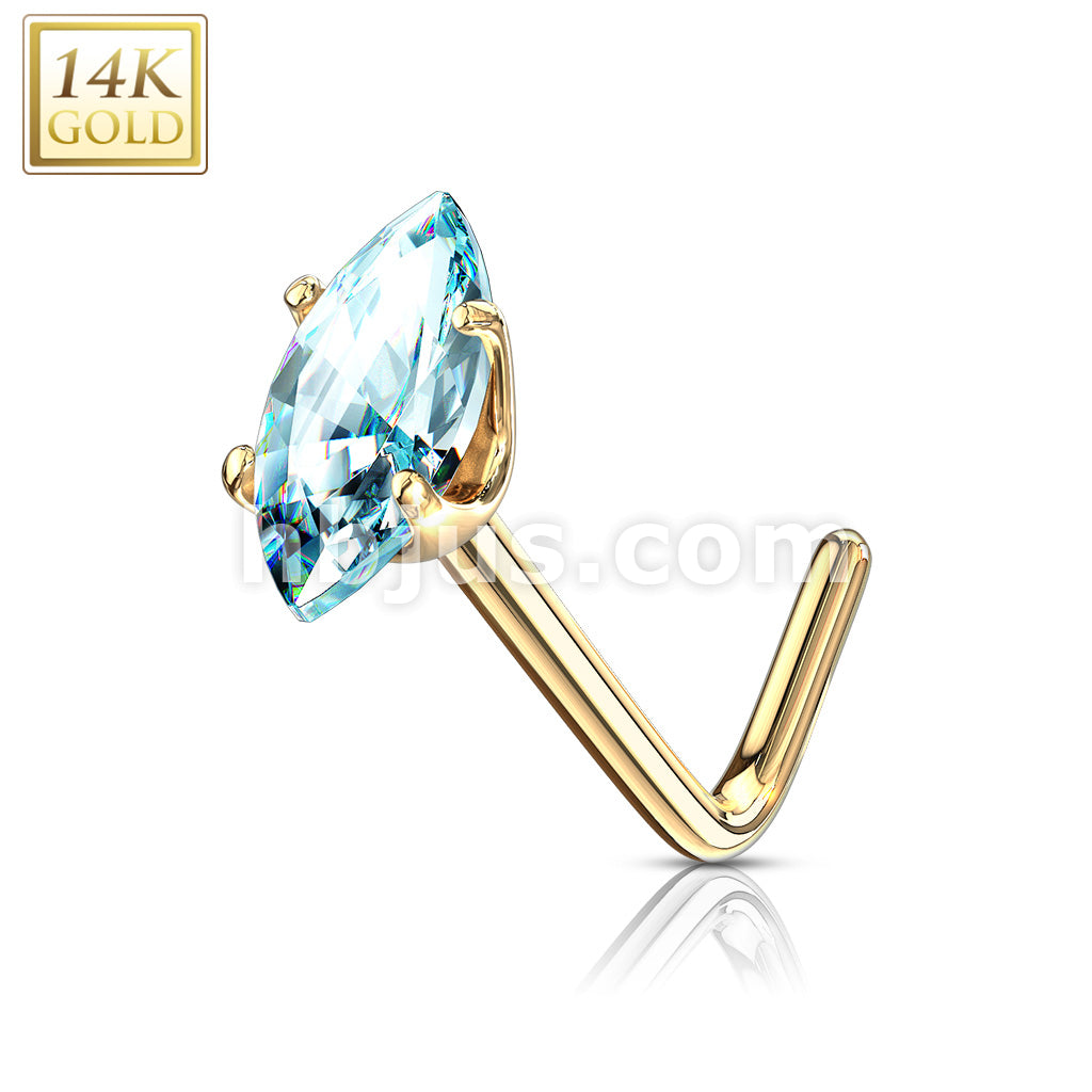 14KT  Gold 14 Kt. Gold L Bend Nose Stud Rings with Prong Set Marquise CZ - Image 8