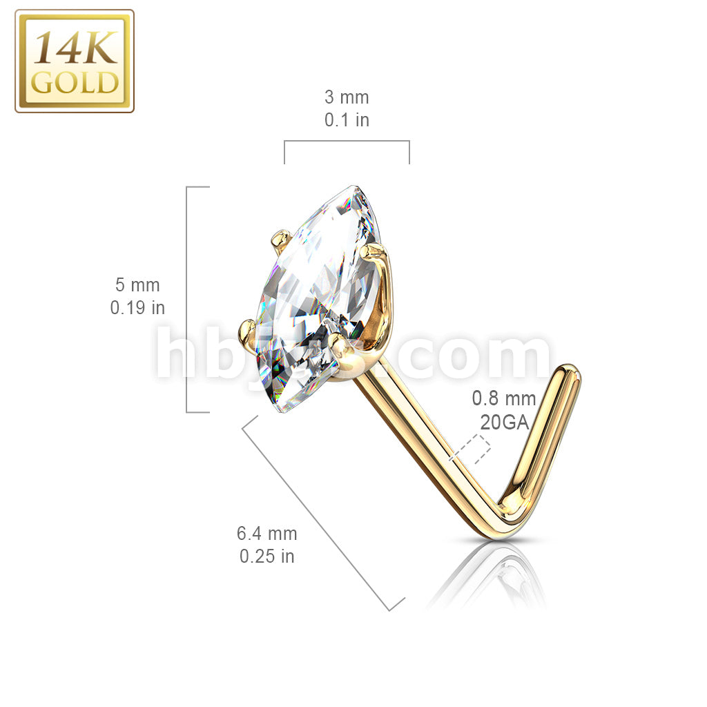 14KT  Gold 14 Kt. Gold L Bend Nose Stud Rings with Prong Set Marquise CZ - Image 9