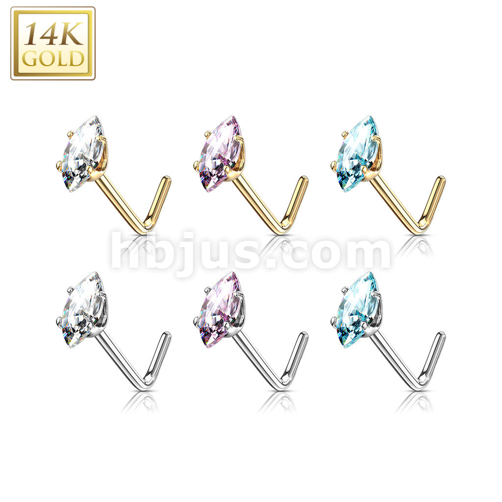 14KT  Gold 14 Kt. Gold L Bend Nose Stud Rings with Prong Set Marquise CZ - Image 10