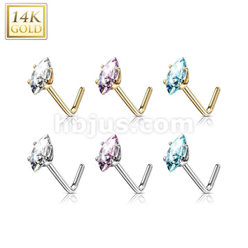 14KT  Gold 14 Kt. Gold L Bend Nose Stud Rings with Prong Set Marquise CZ - Image 10