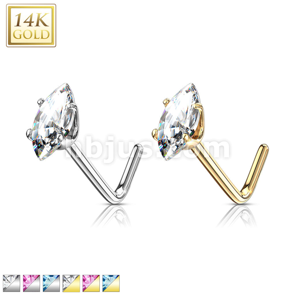 14KT  Gold 14 Kt. Gold L Bend Nose Stud Rings with Prong Set Marquise CZ - Image 2