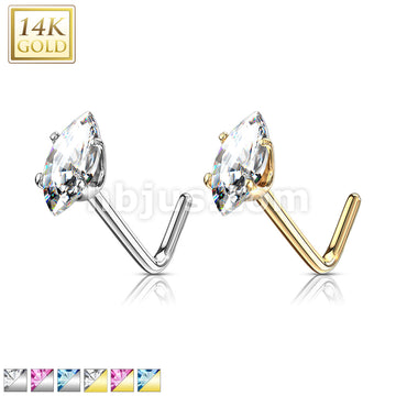 14KT  Gold 14 Kt. Gold L Bend Nose Stud Rings with Prong Set Marquise CZ - Image 2