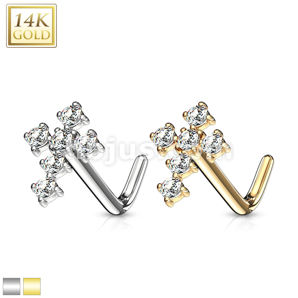 14KT  Gold 14Kt. Gold L Bend Nose Stud Rings with CZ Paved Cross Top - Image 2
