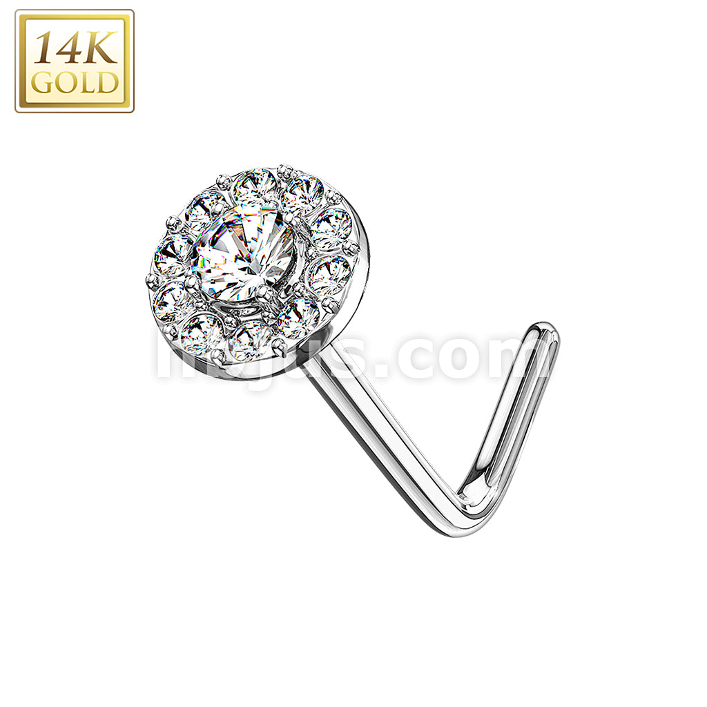 14KT  Gold 14 Kt. Gold L Bend Nose Stud Rings with Double Tier CZ Paved... - Image 2