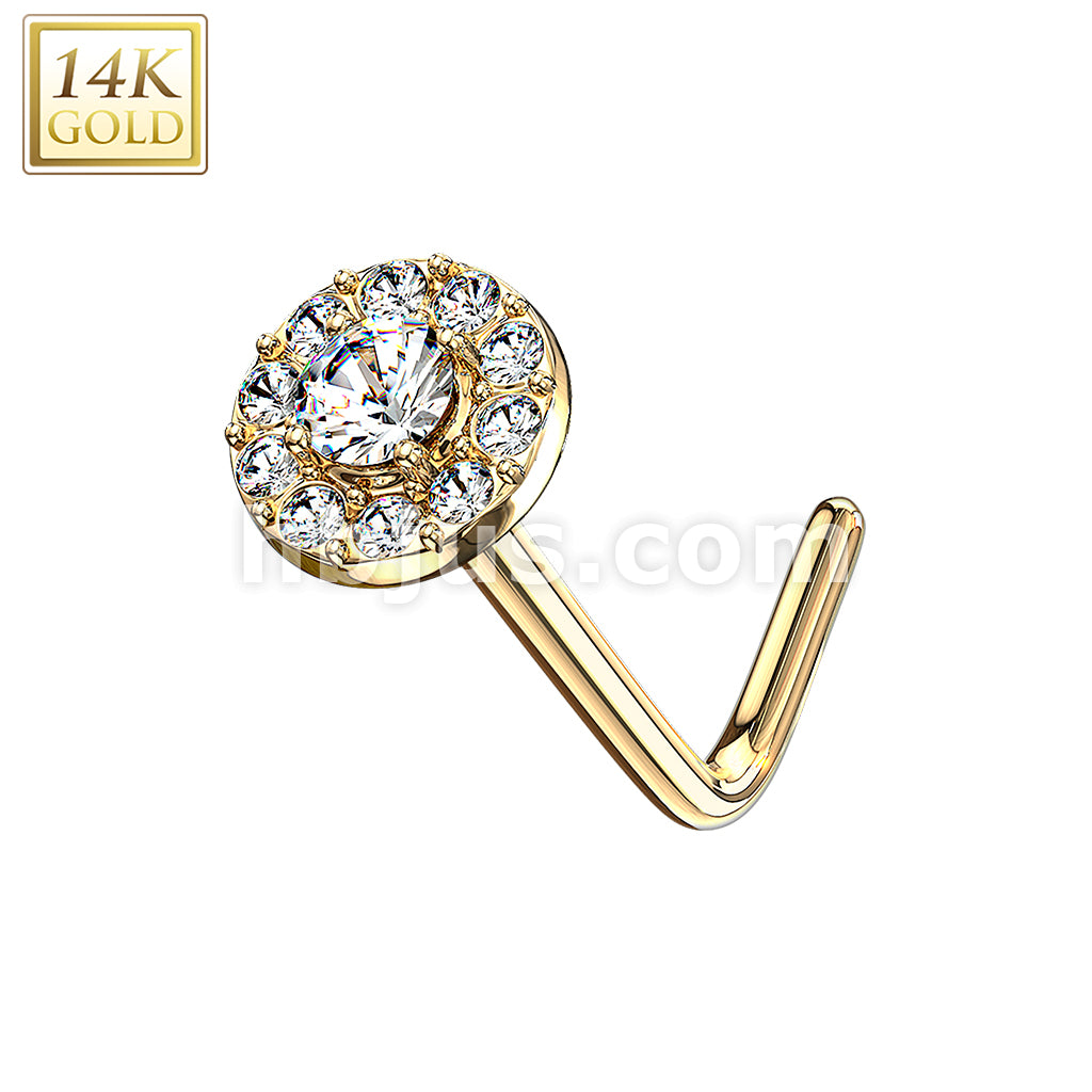 14KT  Gold 14 Kt. Gold L Bend Nose Stud Rings with Double Tier CZ Paved... - Image 3