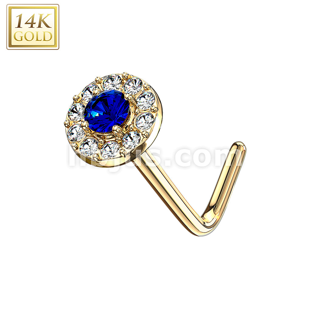 14KT  Gold 14 Kt. Gold L Bend Nose Stud Rings with Double Tier CZ Paved... - Image 4