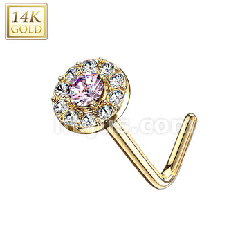 14KT  Gold 14 Kt. Gold L Bend Nose Stud Rings with Double Tier CZ Paved... - Image 5
