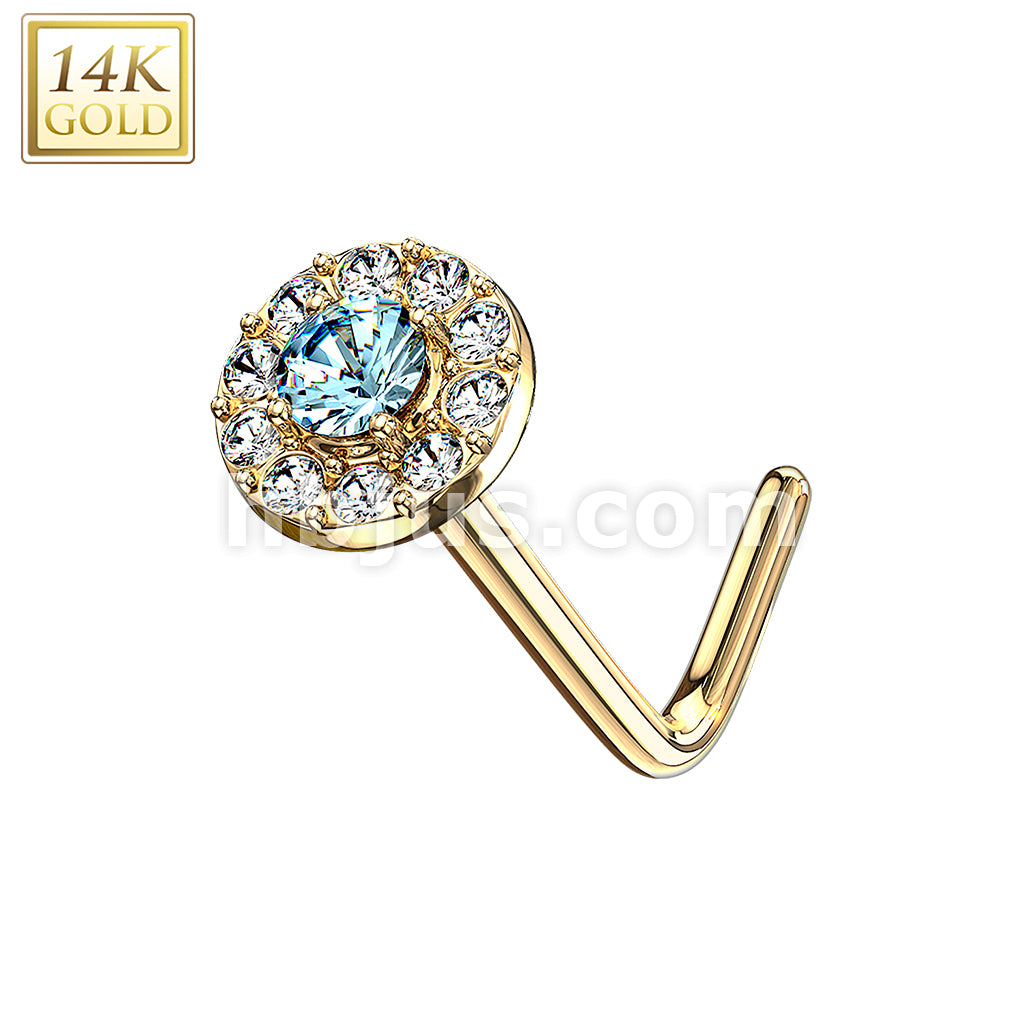 14KT  Gold 14 Kt. Gold L Bend Nose Stud Rings with Double Tier CZ Paved... - Image 6