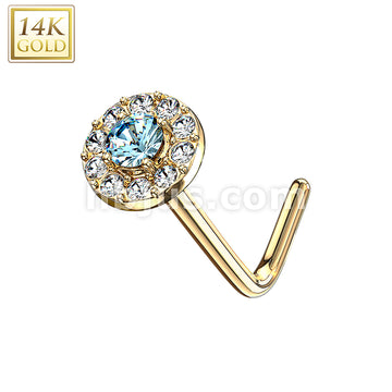 14KT  Gold 14 Kt. Gold L Bend Nose Stud Rings with Double Tier CZ Paved... - Image 6