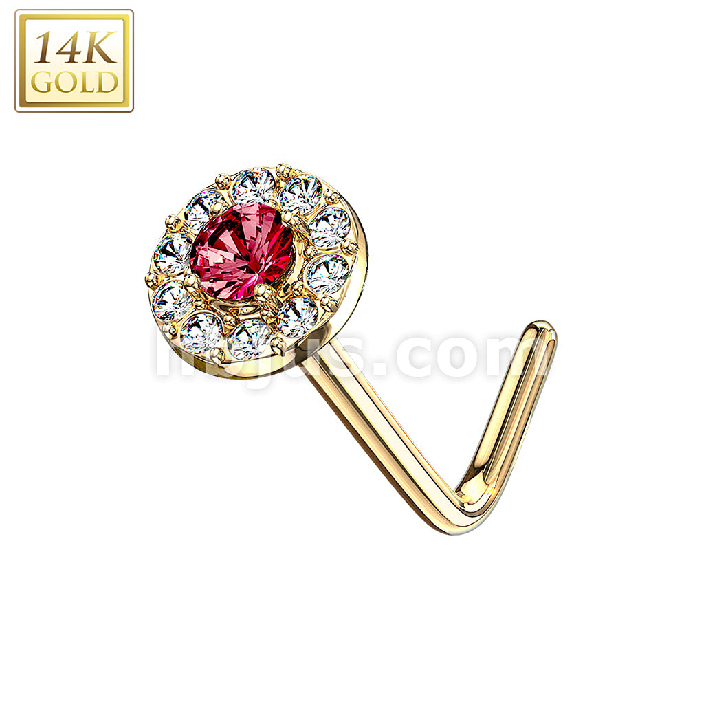 14KT  Gold 14 Kt. Gold L Bend Nose Stud Rings with Double Tier CZ Paved... - Image 7