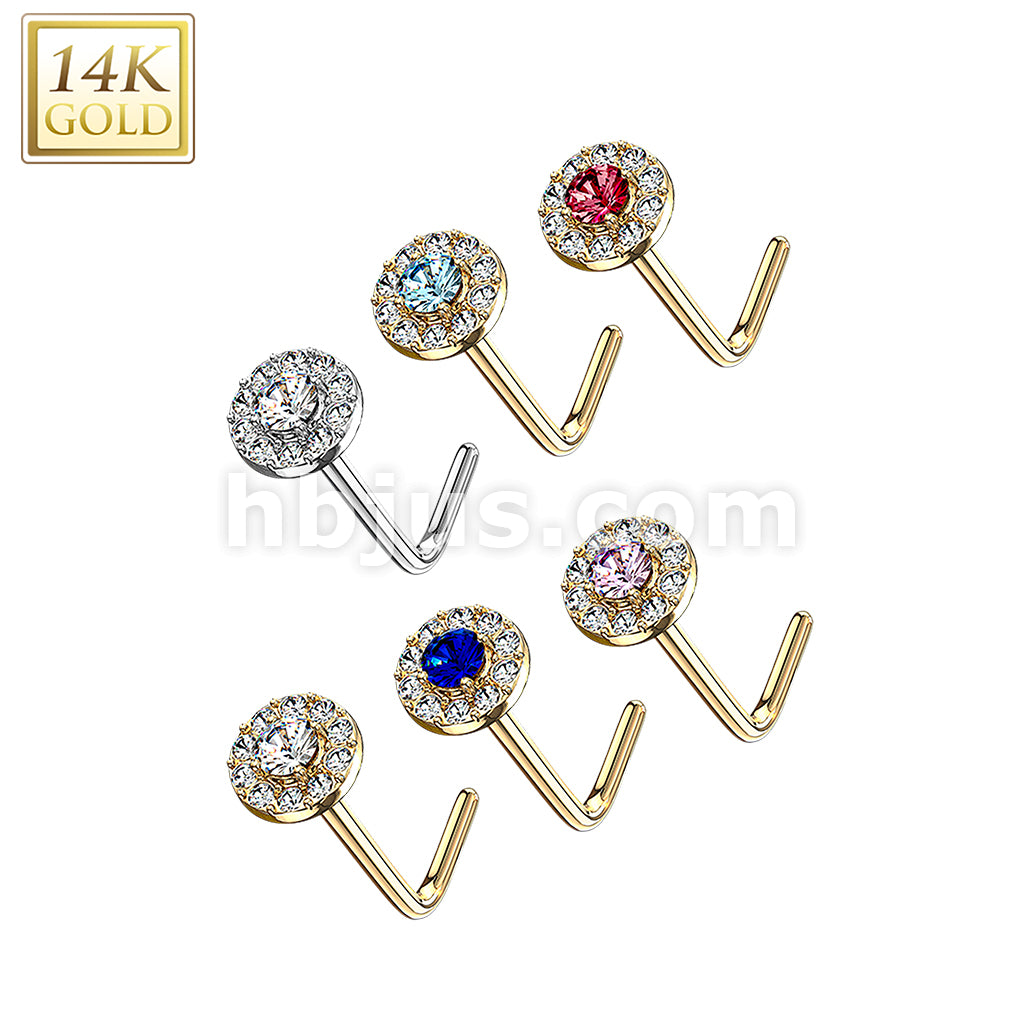 14KT  Gold 14 Kt. Gold L Bend Nose Stud Rings with Double Tier CZ Paved... - Image 9