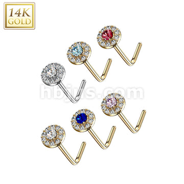 14KT  Gold 14 Kt. Gold L Bend Nose Stud Rings with Double Tier CZ Paved... - Image 9