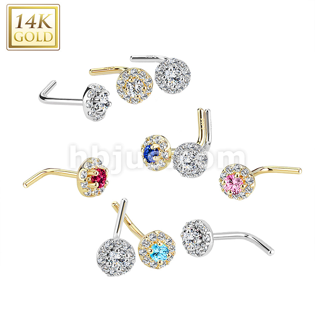 14KT  Gold 14 Kt. Gold L Bend Nose Stud Rings with Double Tier CZ Paved...