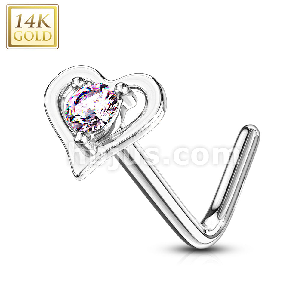 14KT  Gold 14Kt. Gold L Bend Nose Ring with Prong Set Round CZ Center... - Image 4